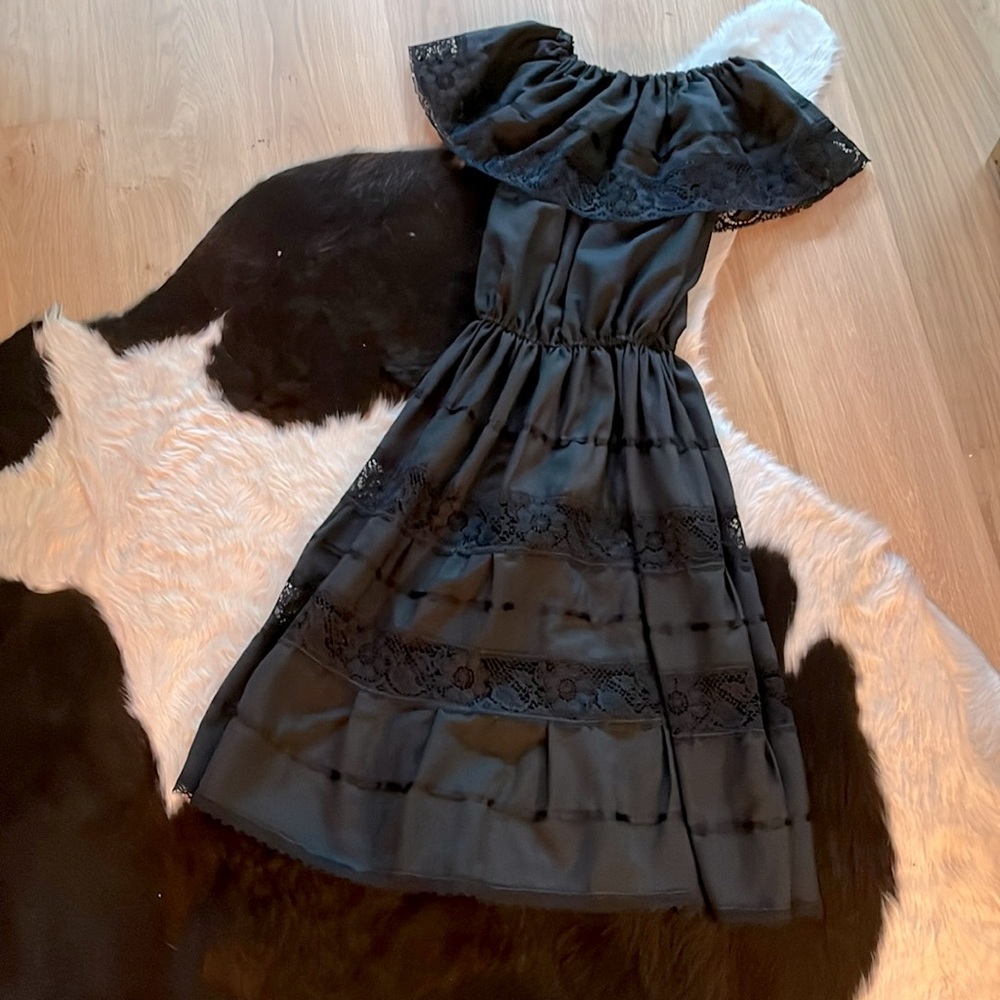 Vintage lace ruffle off the shoulder Mexican dress